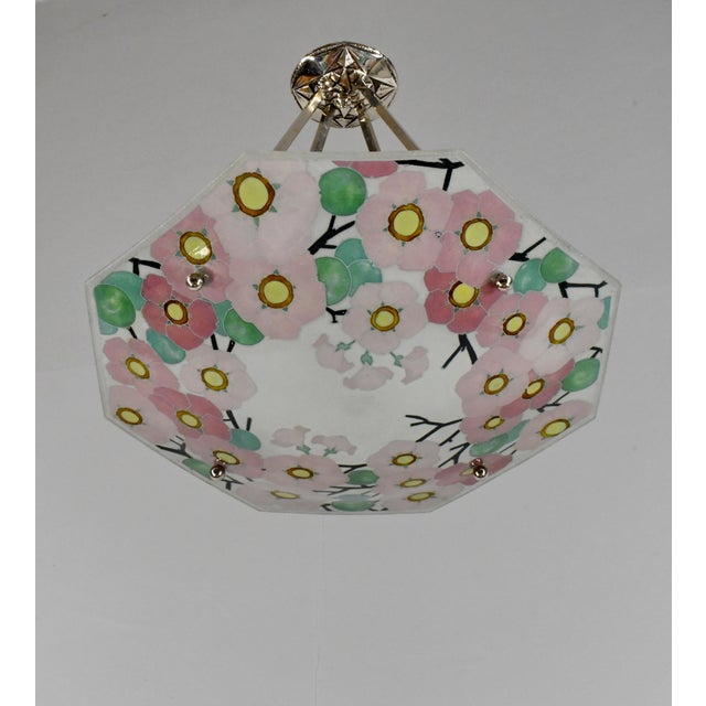 Loys Lucha French Art Deco Pendant Light 1930s - Octagonal Pink Floral Enameled Shade For Sale - Image 6 of 16
