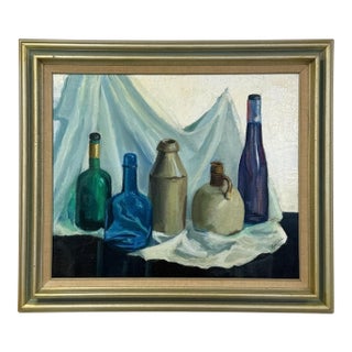 Vintage Original Oil Painting Still Life Bottles Jugs, Framed Art, Canvas, Blue For Sale