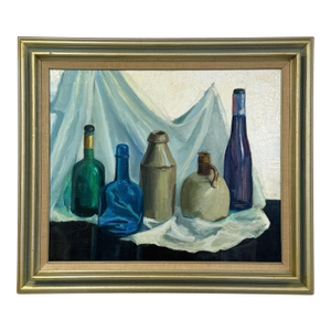 Vintage Original Oil Painting Still Life Bottles Jugs, Framed Art, Canvas, Blue
