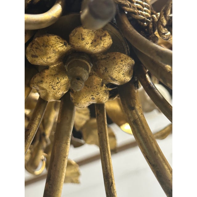 Vintage Italian Gilded Tole and Cream Enamel Floral 6-Light Chandelier For Sale - Image 16 of 17