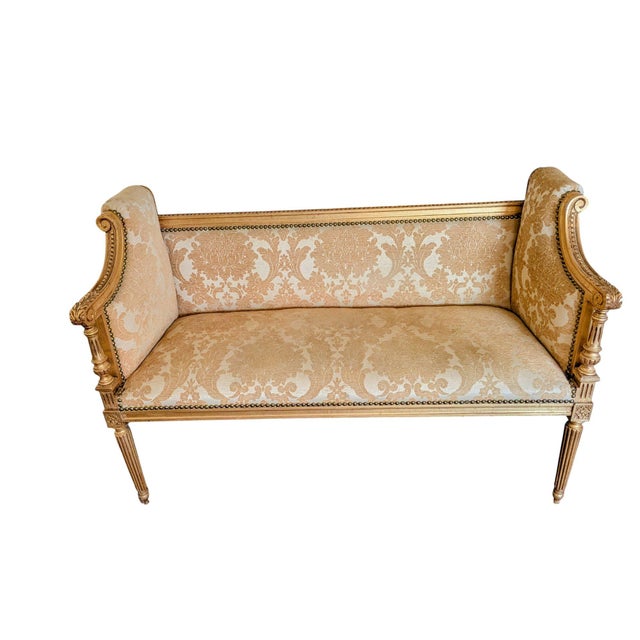 2010s Vintage French Regency Style Settee - In Superb Condition, Reupholstered in a Gold Damask With a Giltwood Finish For Sale - Image 5 of 7