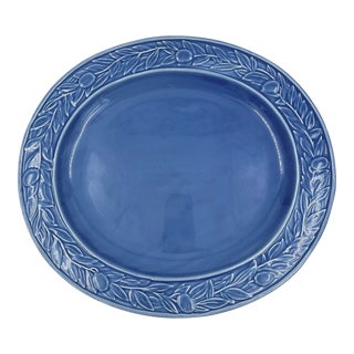 Vintage Blue Bordallo Pinheiro Majolica Style Blue Oval Serving Platter With Embossed Olive Branch D For Sale