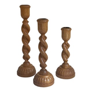 1980s Twisted Wood Candlestick Holders- Set of 3 For Sale