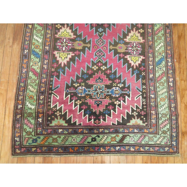 Contemporary Vintage Karabagh Runner in Bright Pink & Chartreuse - 3'10" x 12'9" For Sale - Image 3 of 6