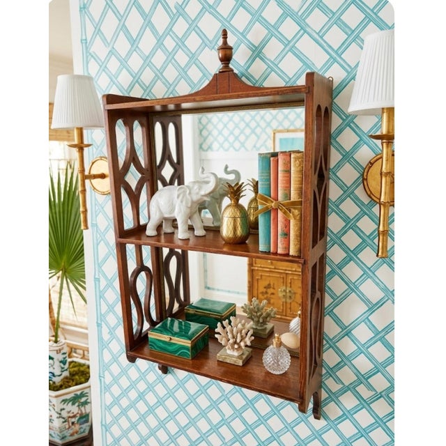 Wood Vintage Small Chippendale Wood Mirrored Back 2 Shelf Pagoda Wall Shelf For Sale - Image 7 of 7