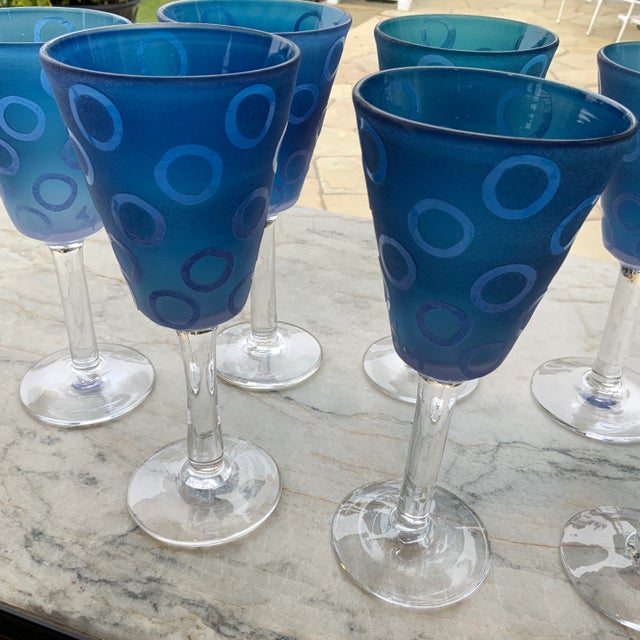 Glass Vintage Murano Blue Raised Circle Wineglasses Attributed to Mario Badioli - Set of 9 For Sale - Image 7 of 10