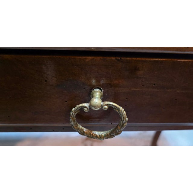 Late 18th Century Antique Provincial Queen Anne Cabriole-Leg Writing Table in Warm Patinated Wood With Brass Ring Pull, Circa 1780–1830 For Sale - Image 5 of 17