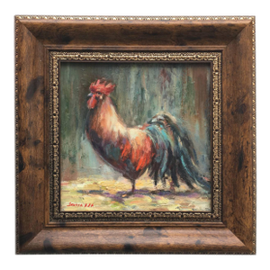 Framed Rooster Original Painting Farm Decor by Valeriya Serova