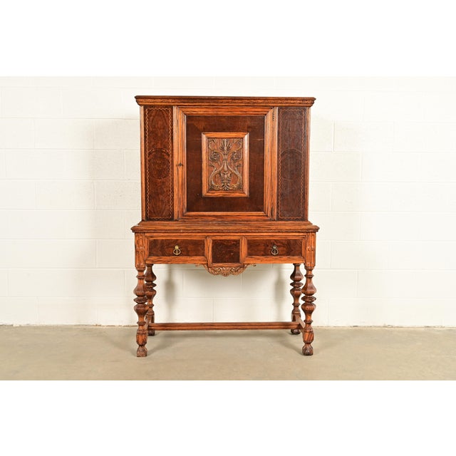 Early Romweber Antique English Jacobean Carved Oak and Burl Wood Bar Cabinet, Circa 1900 For Sale - Image 16 of 16