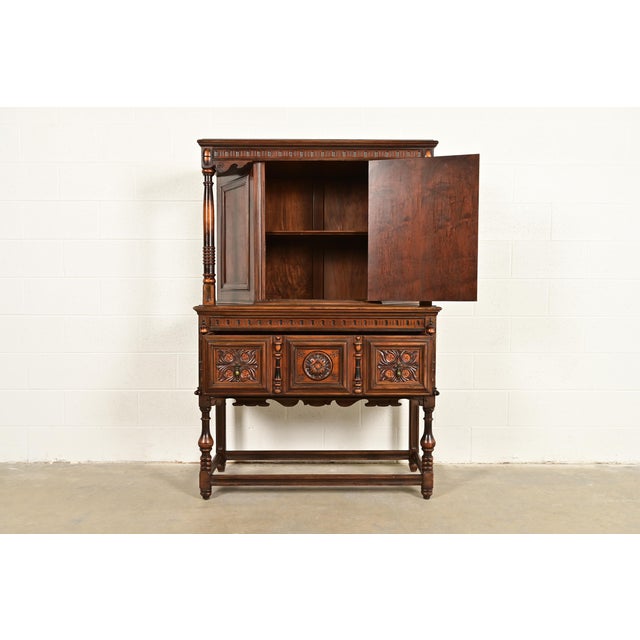 1920s Berkey & Gay Antique English Tudor Carved Walnut and Burl Wood Bookcase or Bar Cabinet, Circa 1920s For Sale - Image 5 of 17