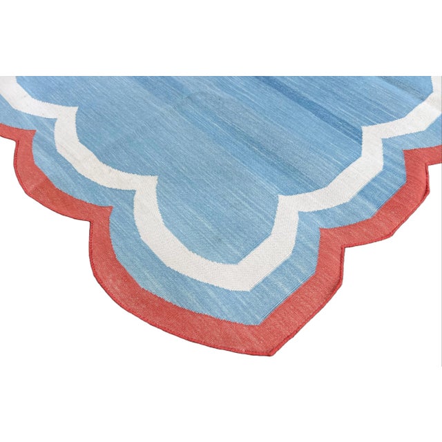 Handmade Cotton Area Rug, Sky Blue Scalloped With Terracotta Border - 8'x10' For Sale - Image 6 of 10