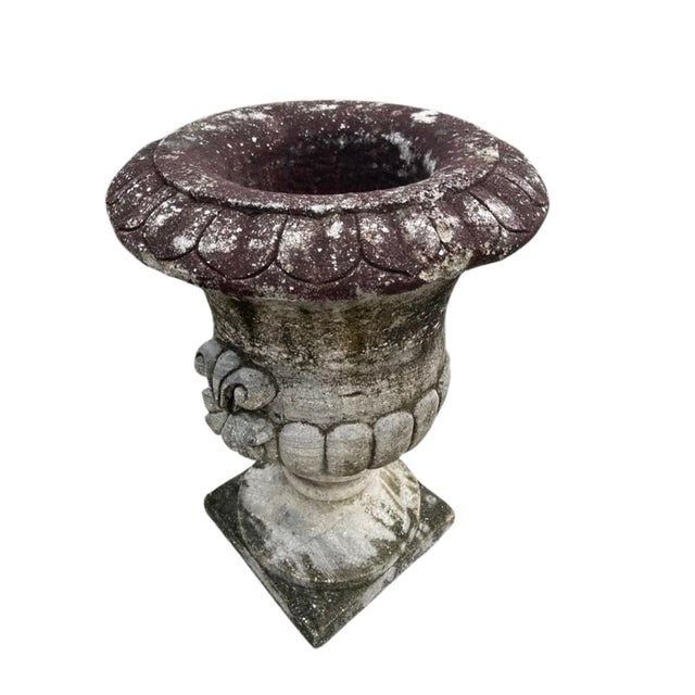 Stone Vintage Classical Cast Stone Garden Urn With Fleur-De-Lis Relief & Weathered Patina For Sale - Image 7 of 12
