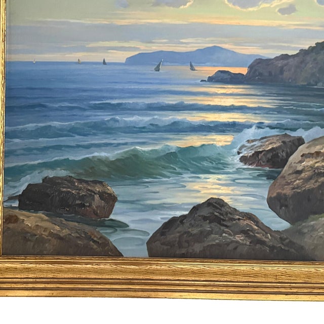 Emilio Salvi Signed Oil on Board “Capri” Seascape Painting in Gilt Frame For Sale - Image 10 of 13
