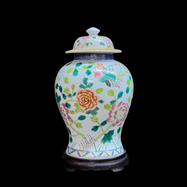 Chinoiserie Vintage Hand Painted Famille Rose Porcelain Ginger Jar: Floral Phoenix Design For Sale - Image 3 of 7