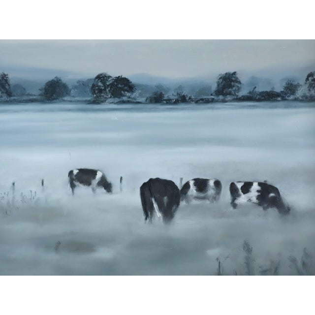 Modernist 'Friesians in the Mist' Vintage Original Landscape Oil Painting, Framed For Sale - Image 13 of 13