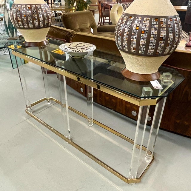 Art Deco Vintage Charles Hollis Jones Style Clear Acrylic and Brass Console Table For Sale - Image 3 of 12