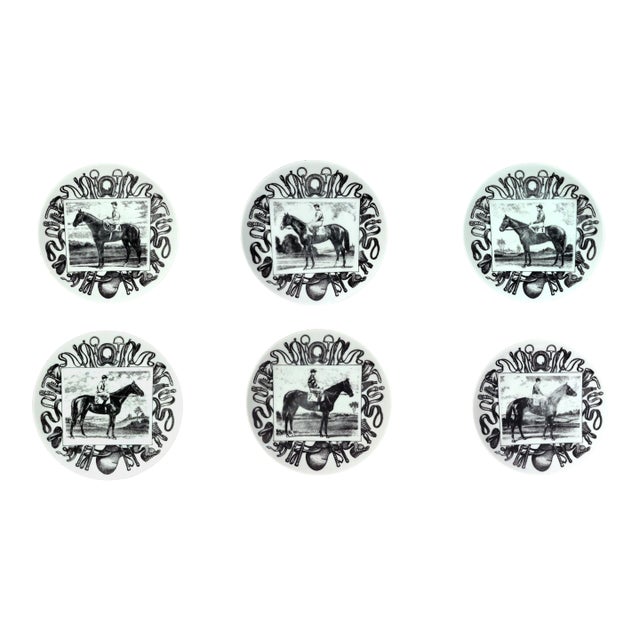 Piero Fornasetti Porcelain Race Horse Plates, Set of Six For Sale