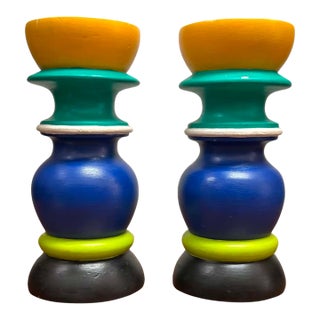 Pair of Postmodern Hand-Painted Wooden Candlesticks in Memphis Style For Sale