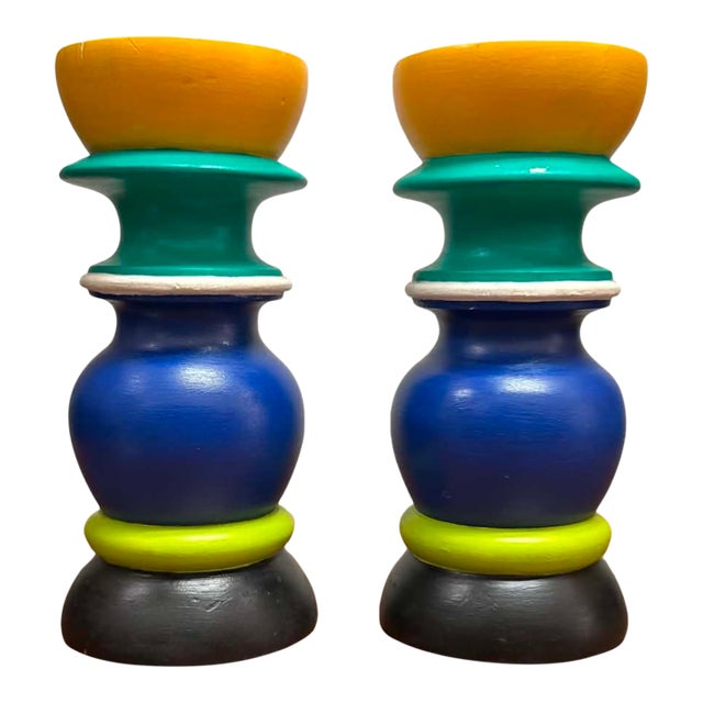 Pair of Postmodern Hand-Painted Wooden Candlesticks in Memphis Style For Sale