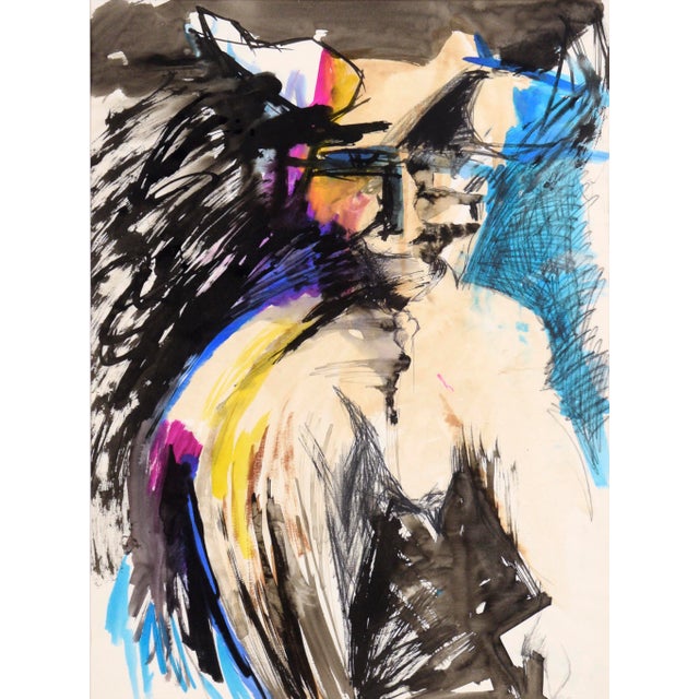 Surrealism Spirit With Horns - Abstracted Figurative Composition in Acrylic on Paper by Michael William Eggleston For Sale - Image 3 of 9
