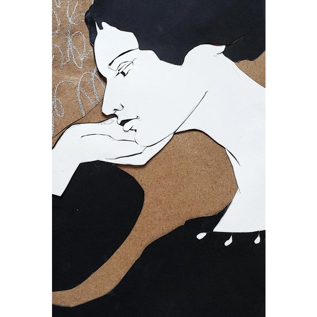 Original, unique artwork, a graceful portrait in cut-paper and collage with white charcoal. The thoughtful lady is created...