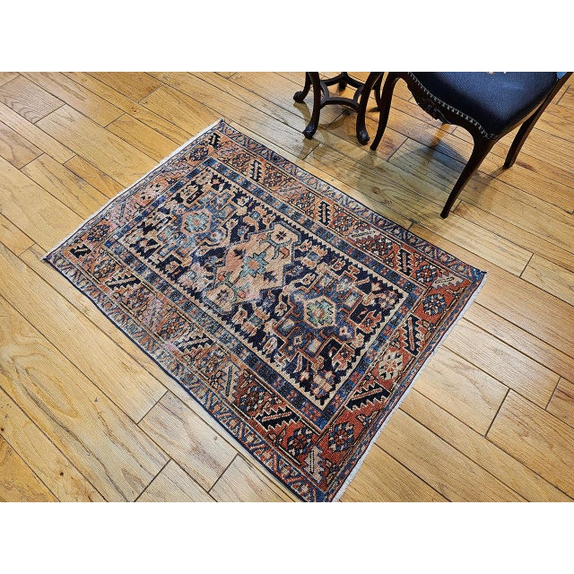 Vintage Persian Heriz Karajah Rug, Hand-Knotted Wool, Geometric Pattern, Blue & Rust-Red, 3x4 For Sale - Image 14 of 14