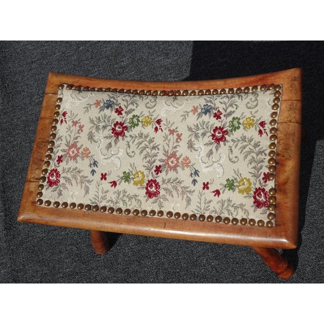 Wood Vintage French Country Oak Saddle Style Seat W Floral Fabric Stool Bench For Sale - Image 7 of 13