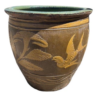 Antique Chinese Century-Egg Pottery Jar • Bird & Fern Motifs • Coastal Jardinière / Planter For Sale