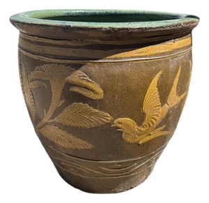 Antique Chinese Century-Egg Pottery Jar • Bird & Fern Motifs • Coastal Jardinière / Planter