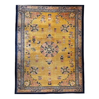 Antique Art Deco Chinese Rug, Hand-Knotted Wool, Pastel Yellow & Blue, 10x15 For Sale