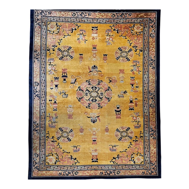 Antique Art Deco Chinese Rug, Hand-Knotted Wool, Pastel Yellow & Blue, 10x15 For Sale
