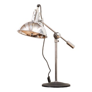 Table Lamp in Black Cast Aluminum Base, Chrome-Plated Metal Rods, Chrome-Plated Sheet Metal Lampshade For Sale