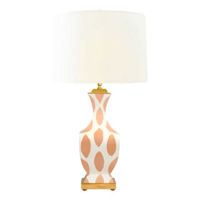 Matthew Izzo Home Gina Handpainted Ikat Pattern Metal Tole Table Lamp With Cream Silk Shade For Sale
