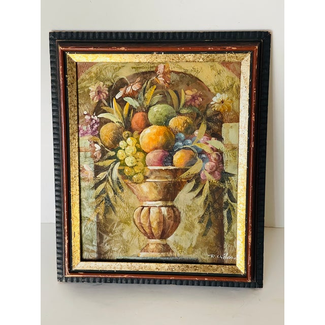 Cornucopia of fruits and Floweers Barock Revival oil on board painting framed in an antique gold tone frame.