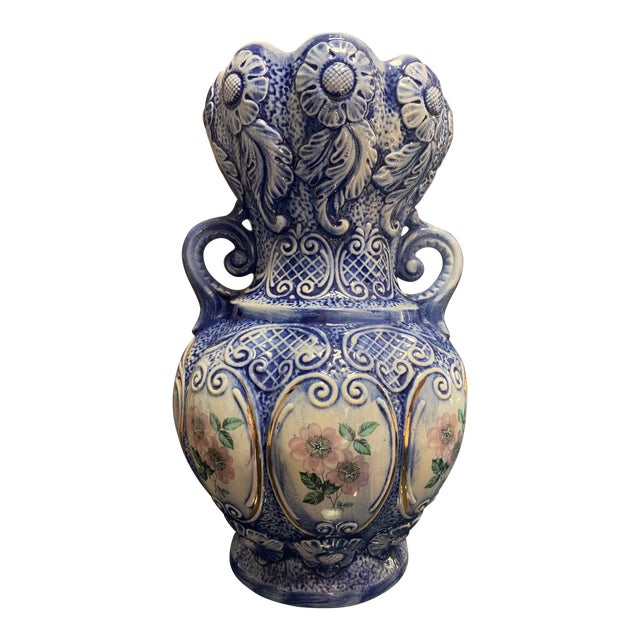 MidCentury Italian Blue and White Floral Embossed Ceramic Vase With