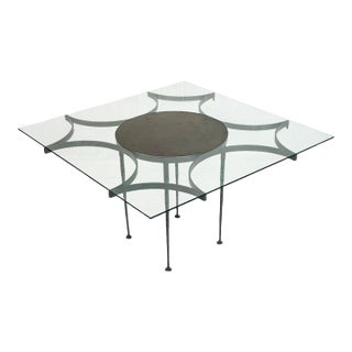 Vintage Brutalist Dining Table With Glass Top and Sculptural Textured Metal Base For Sale