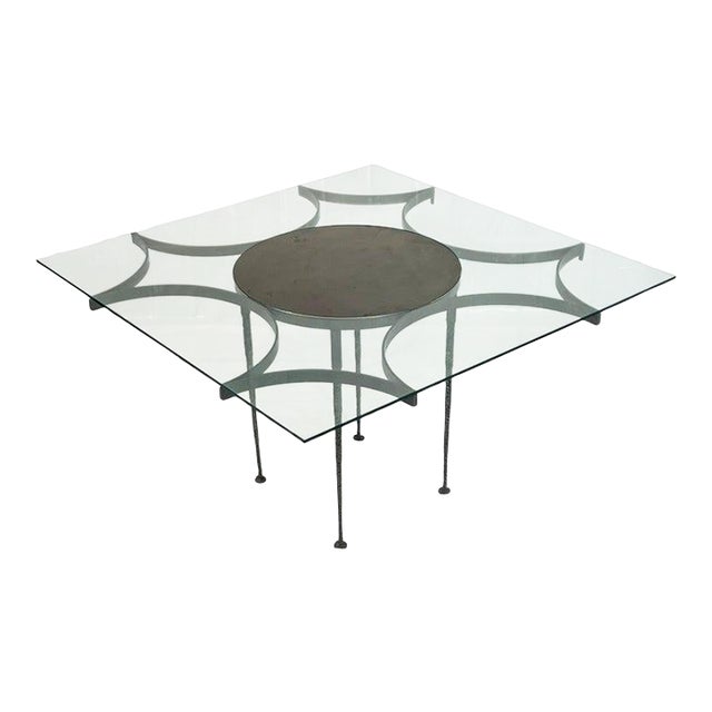 Vintage Brutalist Dining Table With Glass Top and Sculptural Textured Metal Base For Sale