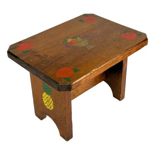 Vintage Farmhouse Folk Art Painted Pine Footstool For Sale