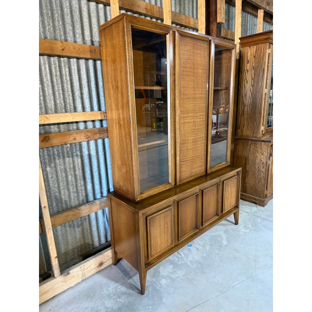 1960s Mid Century Modern Walnut & Cane Hutch For Sale - Image 4 of 16