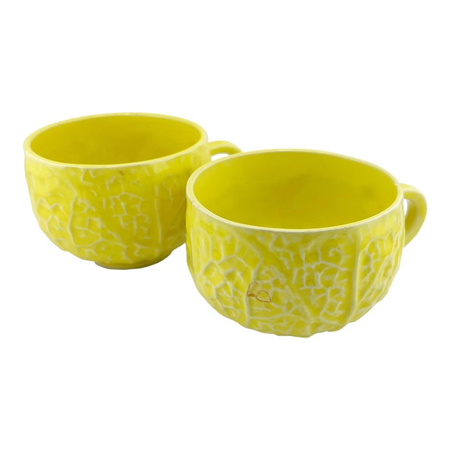 2 Vintage Portuguese Lettuceware Cups – Yellow Majolica Cabbageware, Portugal For Sale