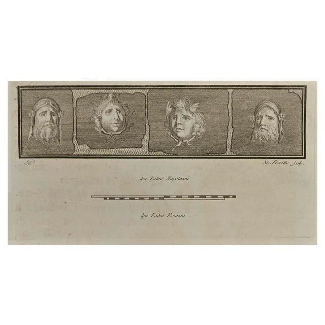 Nicola Fiorillo, Tragedy Masks Pompeian Style, Etching, 18th Century For Sale