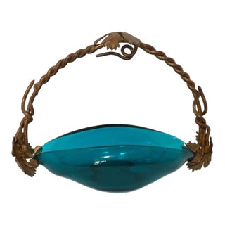 Teal Bohemian or Czech Glass Bride's Basket With Ormalu Handle For Sale