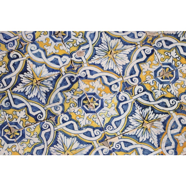 17th Century Portuguese Antique Tiles Set of 40 Blue, Yellow & White Geometric Floral For Sale - Image 16 of 18