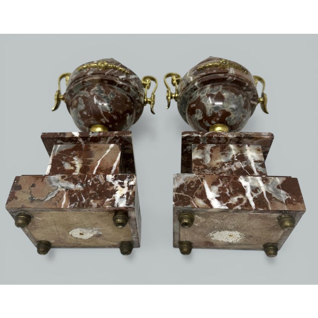 Bronze Pair French Regency Style Rosso Levano Marble Gilt Bronze Ormolu Urns Vases 19Ct For Sale - Image 8 of 9