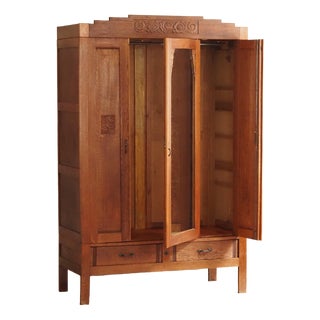 Art Nouveau Oak Wardrobe with Mirror, 1920s For Sale
