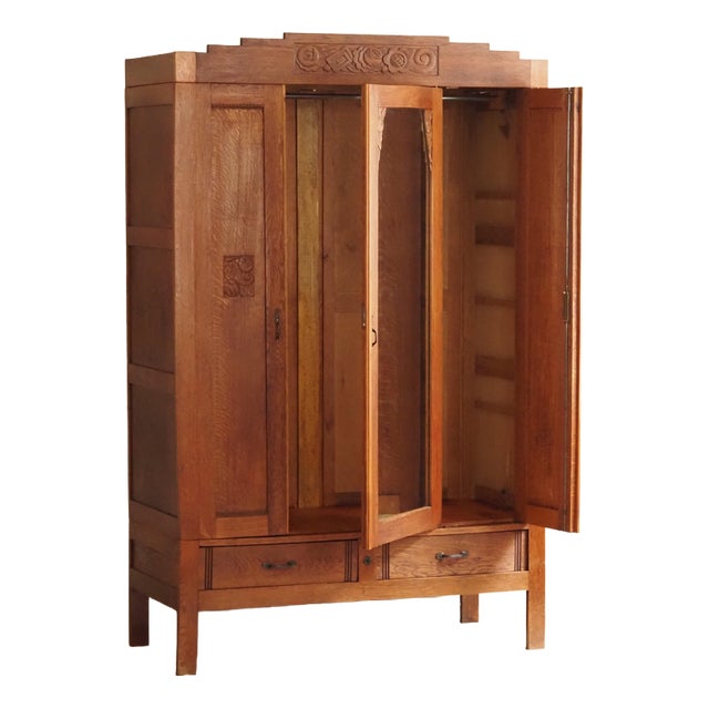 Art Nouveau Oak Wardrobe with Mirror, 1920s For Sale