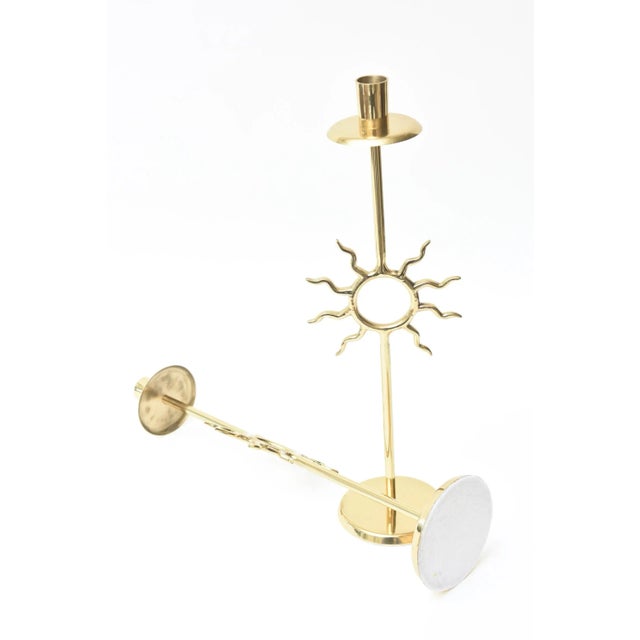Vintage Fornasetti Style Sun Motif Polished Brass Tall Candlesticks, 1970's For Sale - Image 9 of 11