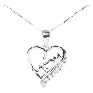 .925 Sterling Silver 1/4 Cttw Diamond "Mom" and Open Heart 18" Pendant Necklace (I-J Color, I2-I3 Clarity) For Sale