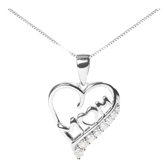 .925 Sterling Silver 1/4 Cttw Diamond "Mom" and Open Heart 18" Pendant Necklace (I-J Color, I2-I3 Clarity) For Sale