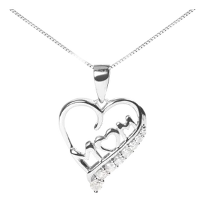 .925 Sterling Silver 1/4 Cttw Diamond "Mom" and Open Heart 18" Pendant Necklace (I-J Color, I2-I3 Clarity)